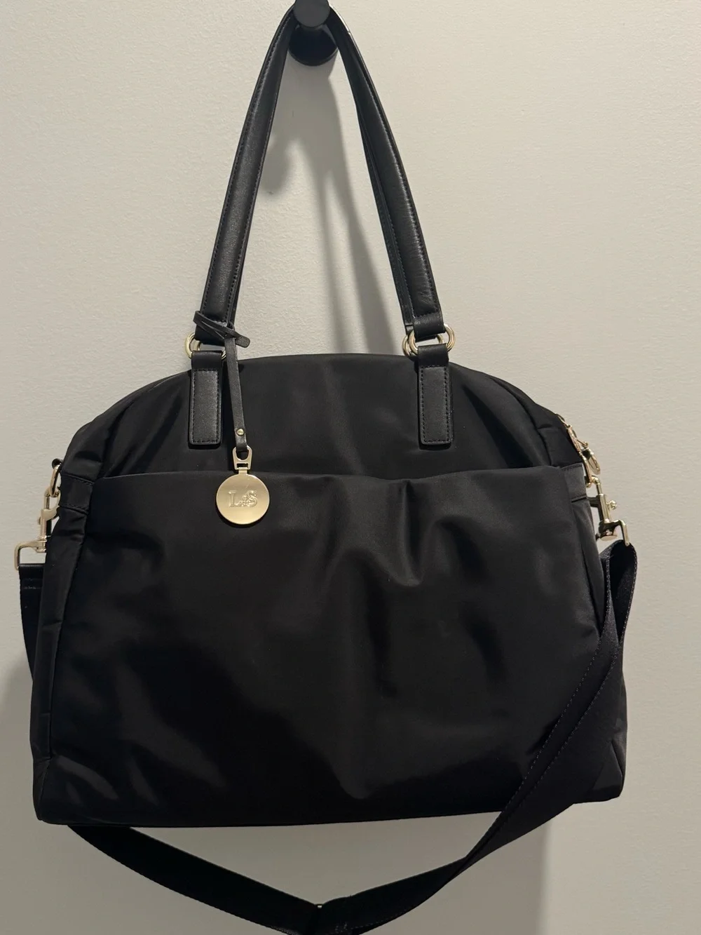 Lo and Sons Black OG Laptop Tote with Gold Accents and Lavender Interior